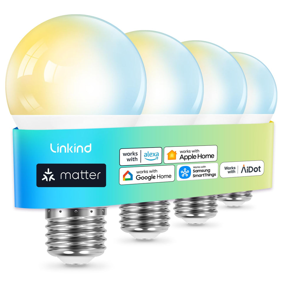 Linkind Matter smart bulb front view shows four-pack packaging for easy setup