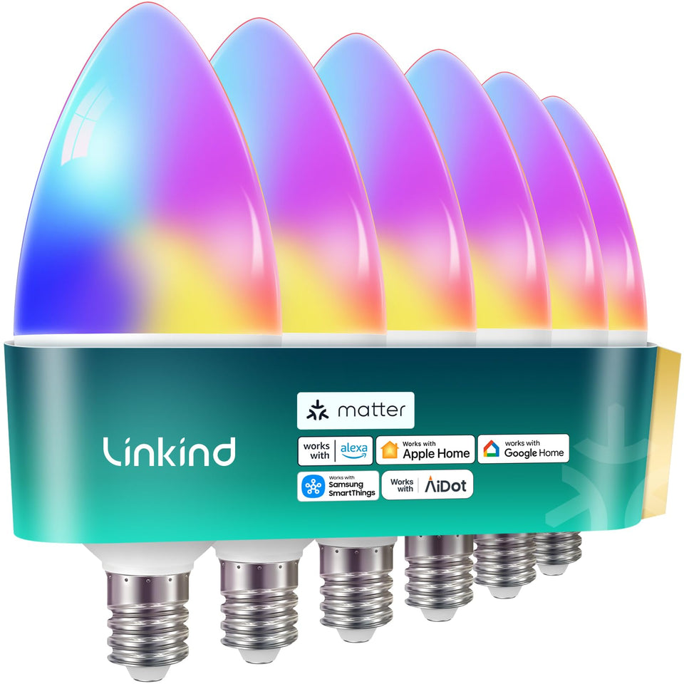 Linkind Matter E12 compact smart bulb installed in a chandelier for decorative lighting