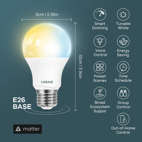 Linkind Matter bulb controlled via app for remote setup.