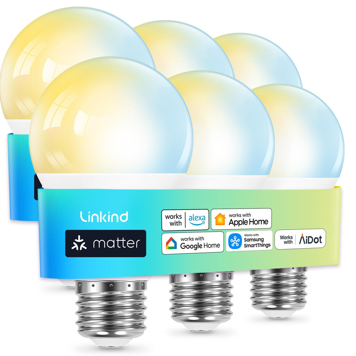 Linkind Matter six-pack bulbs in box, ready for quick home automation setup.