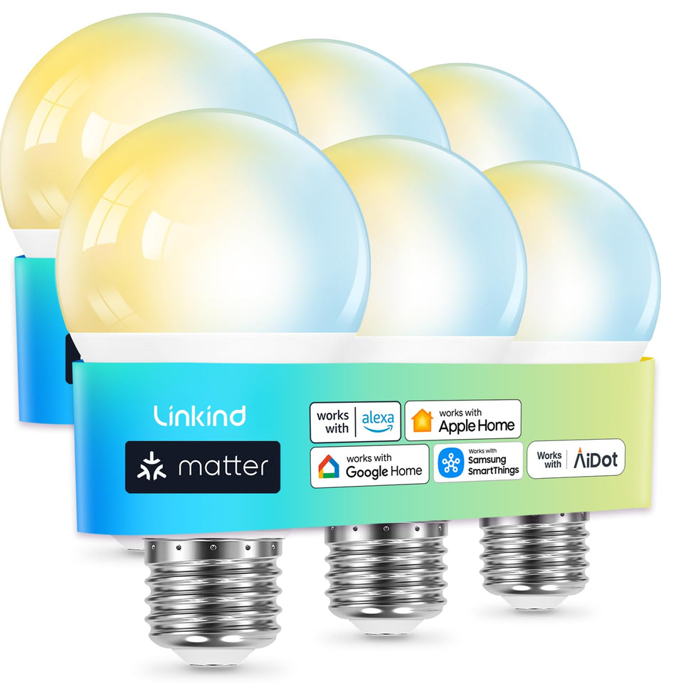 Linkind Matter six-pack bulbs in box, ready for quick home automation setup.