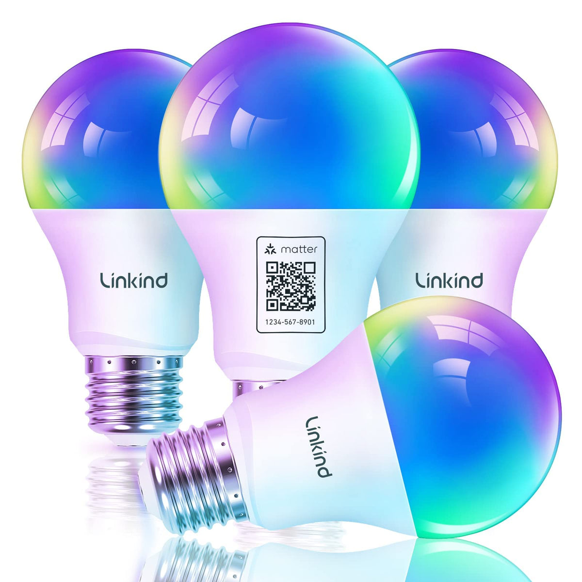 Linkind Matter smart light bulb pack front view showing vibrant color options for ambient lighting