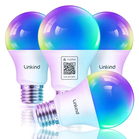 Linkind Matter smart light bulb pack front view showing vibrant color options for ambient lighting