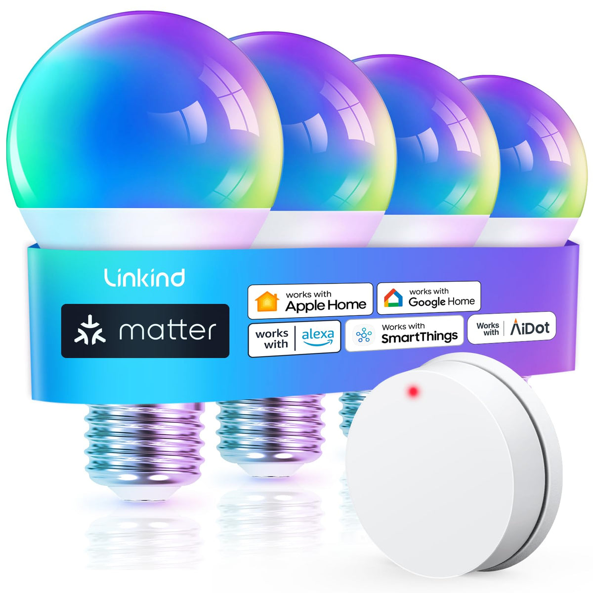 Linkind Matter smart light bulb packaging showing easy setup and compatibility