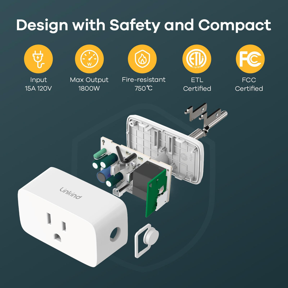 15A/1800W capacity supports high-draw devices with Linkind Matter plug.