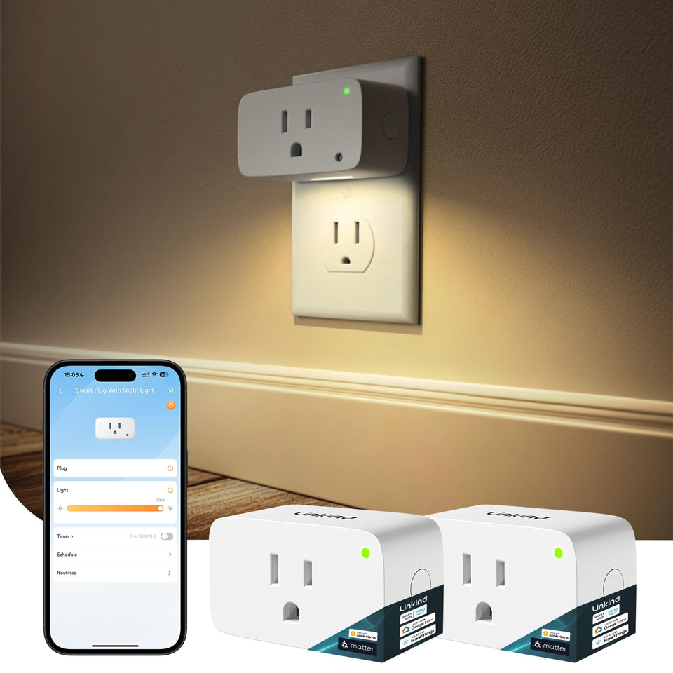 Linkind Matter smart plug with night light guides hallways softly.