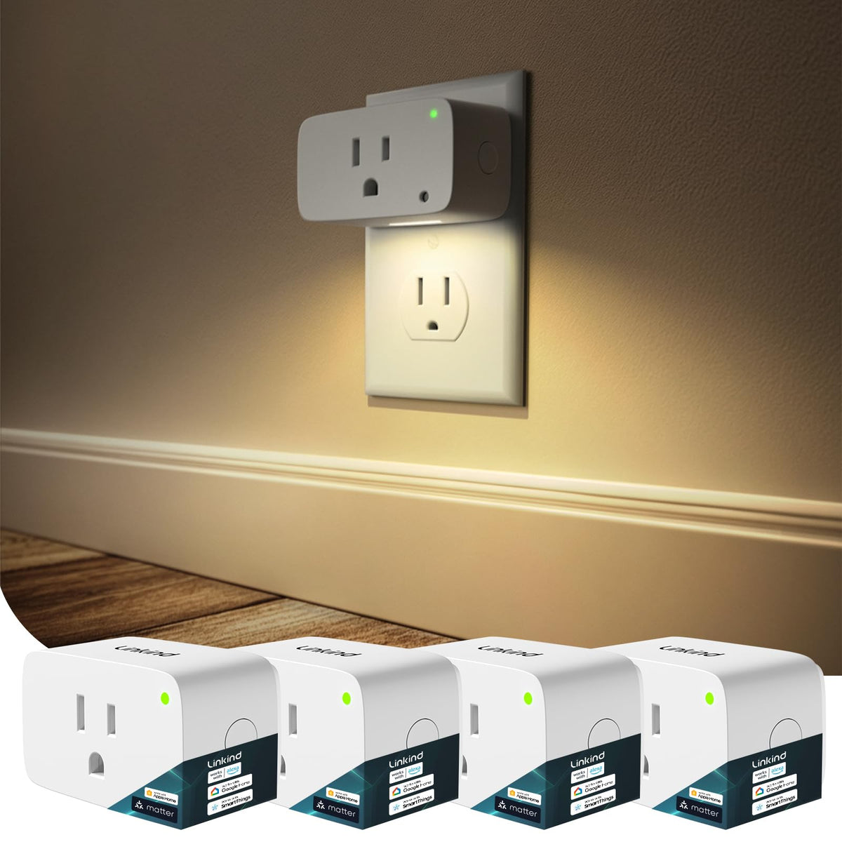 Linkind Matter Smart Plug pack front view showing space-saving design with integrated night light.