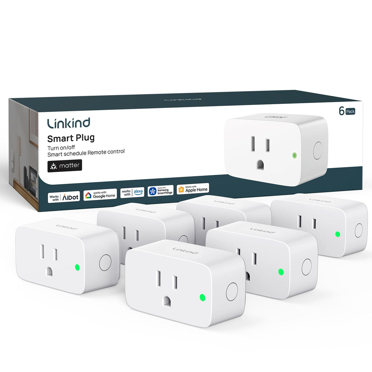 Linkind Matter Smart Plug front view; compact design saves space and blends with decor
