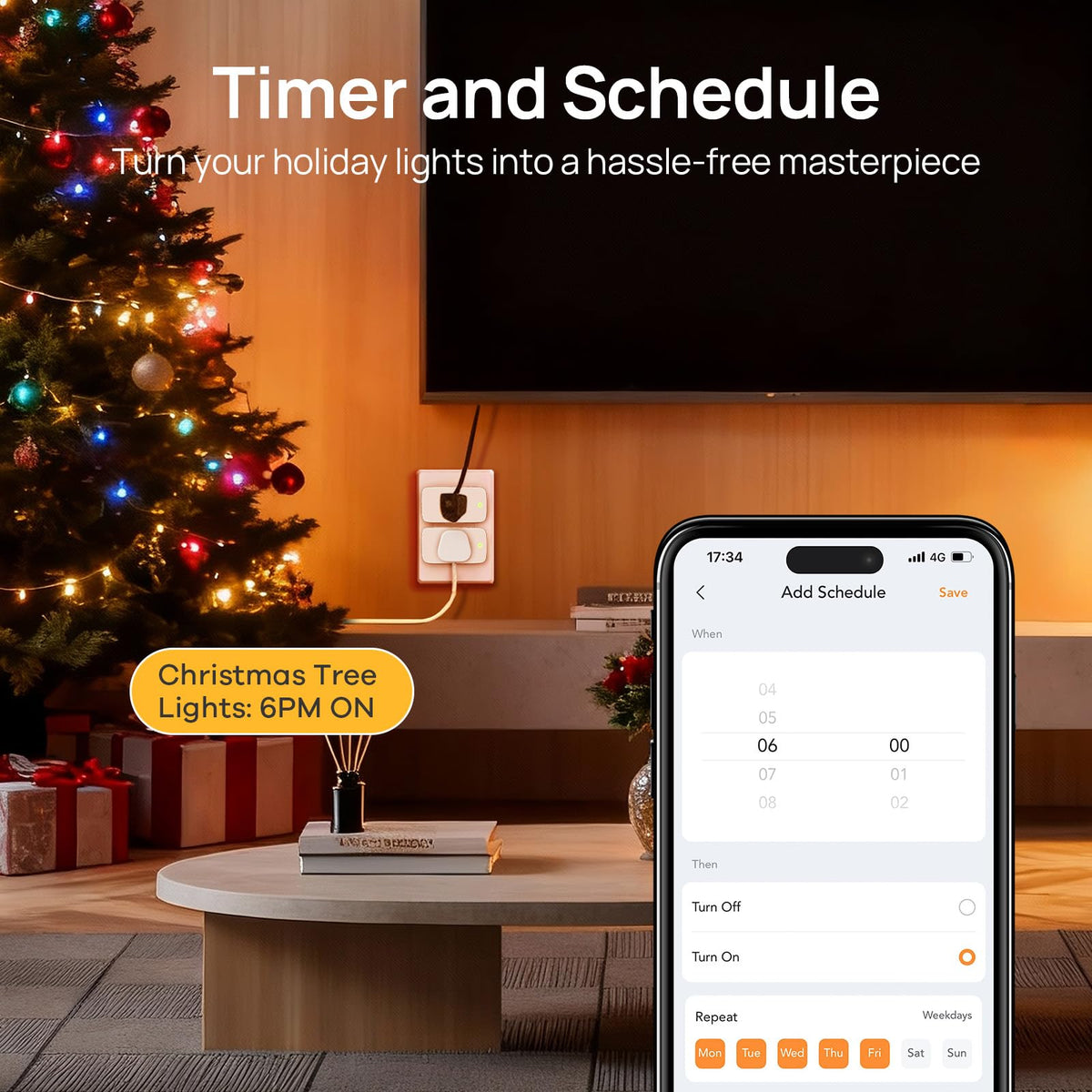 Linkind Matter Smart Plug in-use lamp setup demonstrates scheduling and energy savings