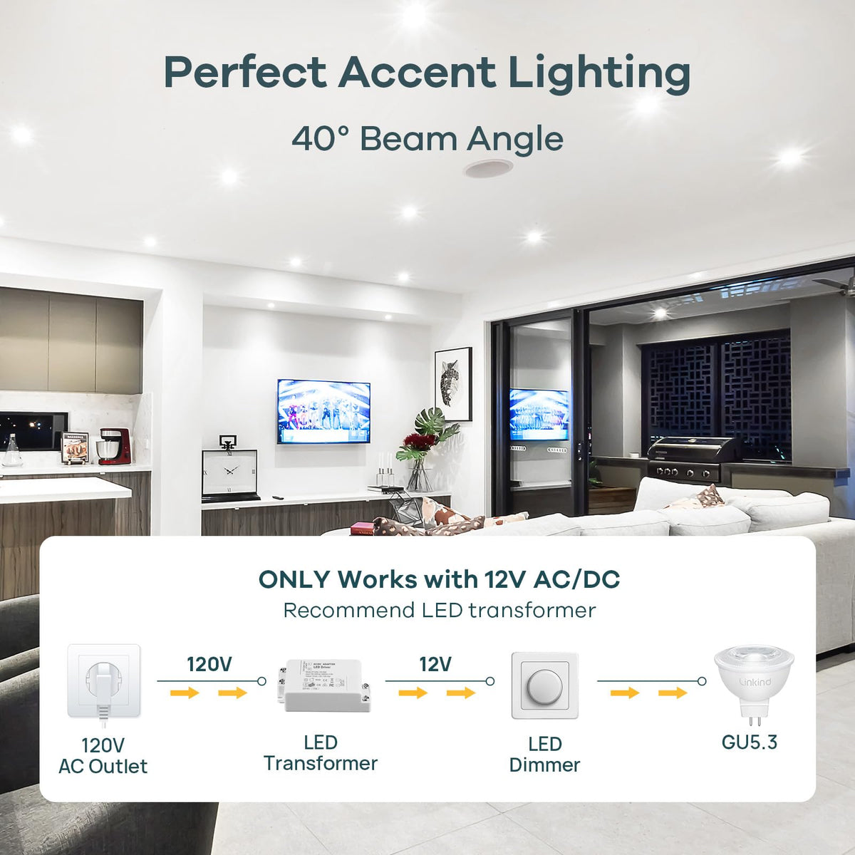 Linkind MR16 recessed lighting bulb compatible with 12V fixtures.
