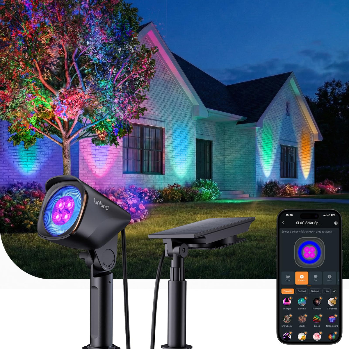 Linkind SL6C dual-ring spotlight highlights garden accents.