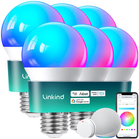 Linkind smart bulbs with remote control for quick on/off and scene selection.