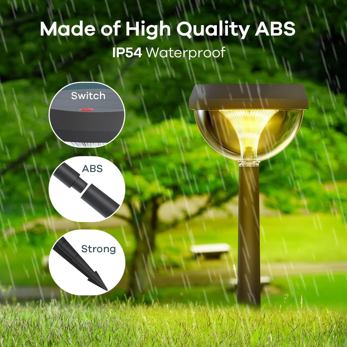 Linkind warm white solar path light emitting a soft glow along a path.