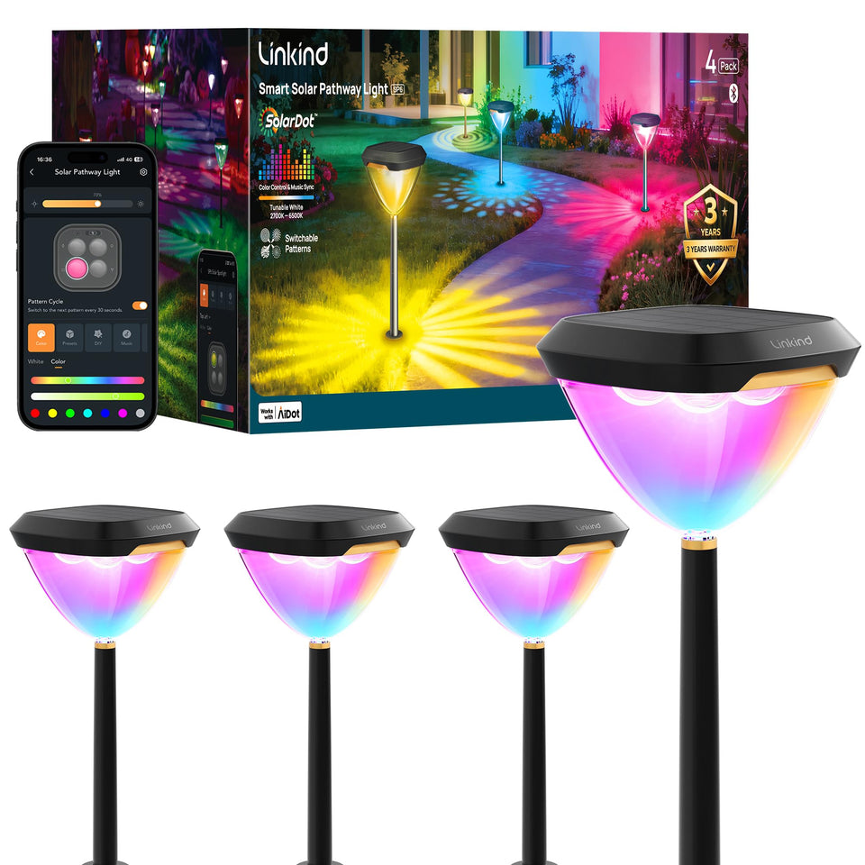 Linkind SP6 four-pack solar pathway lights arranged for garden illumination front view