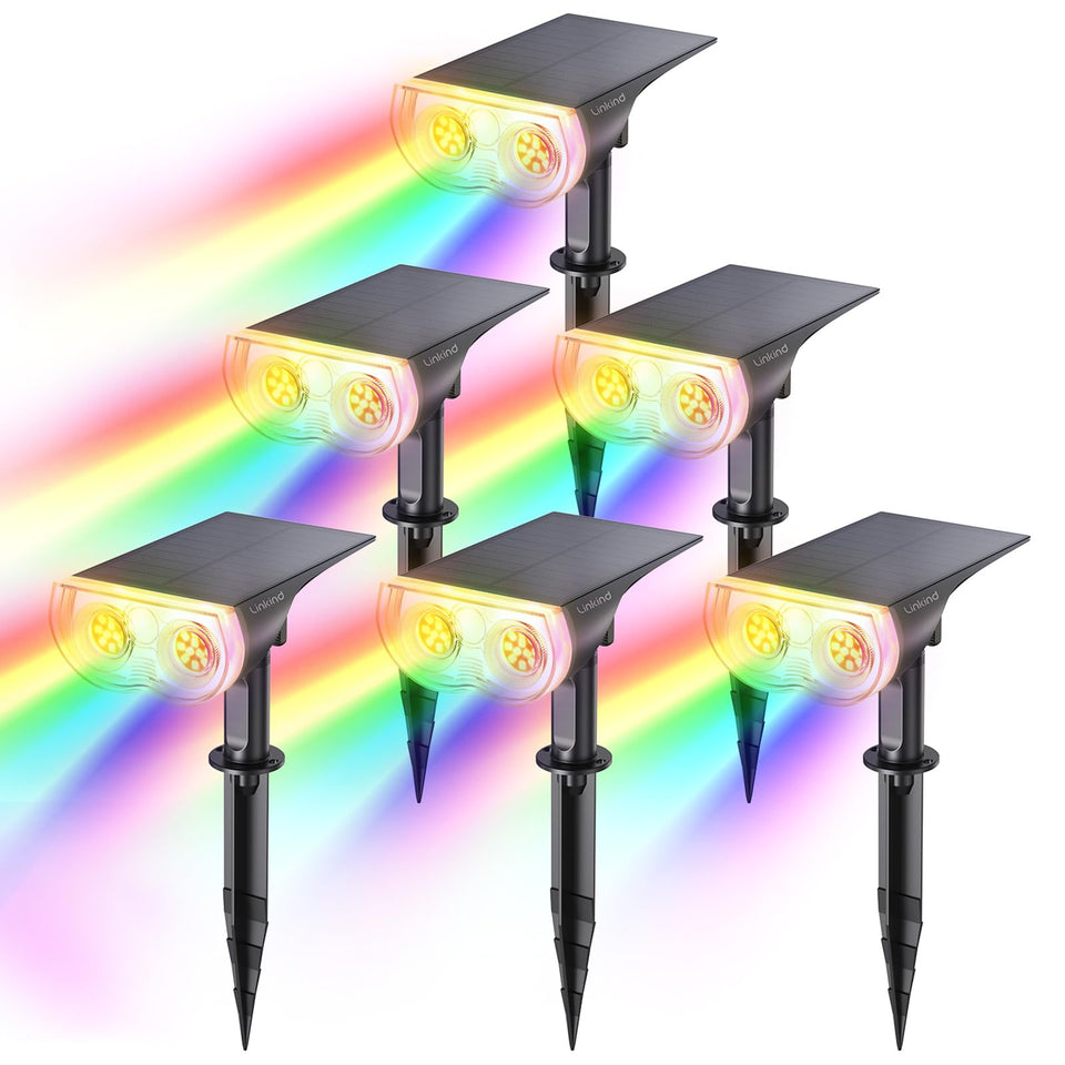 Linkind StarRay RGB spotlights illuminate outdoor spaces with vivid multicolor glow.