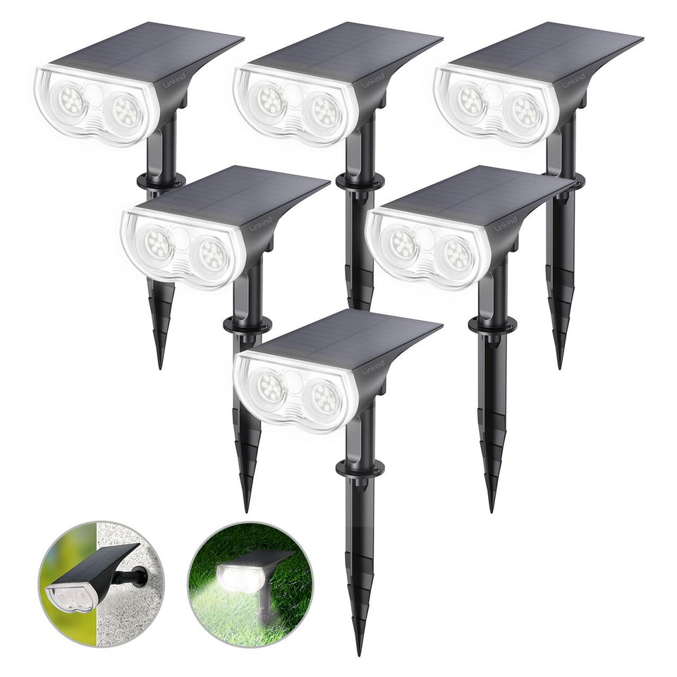 Linkind StarRay solar spotlights outdoors with ground mount for landscape lighting.