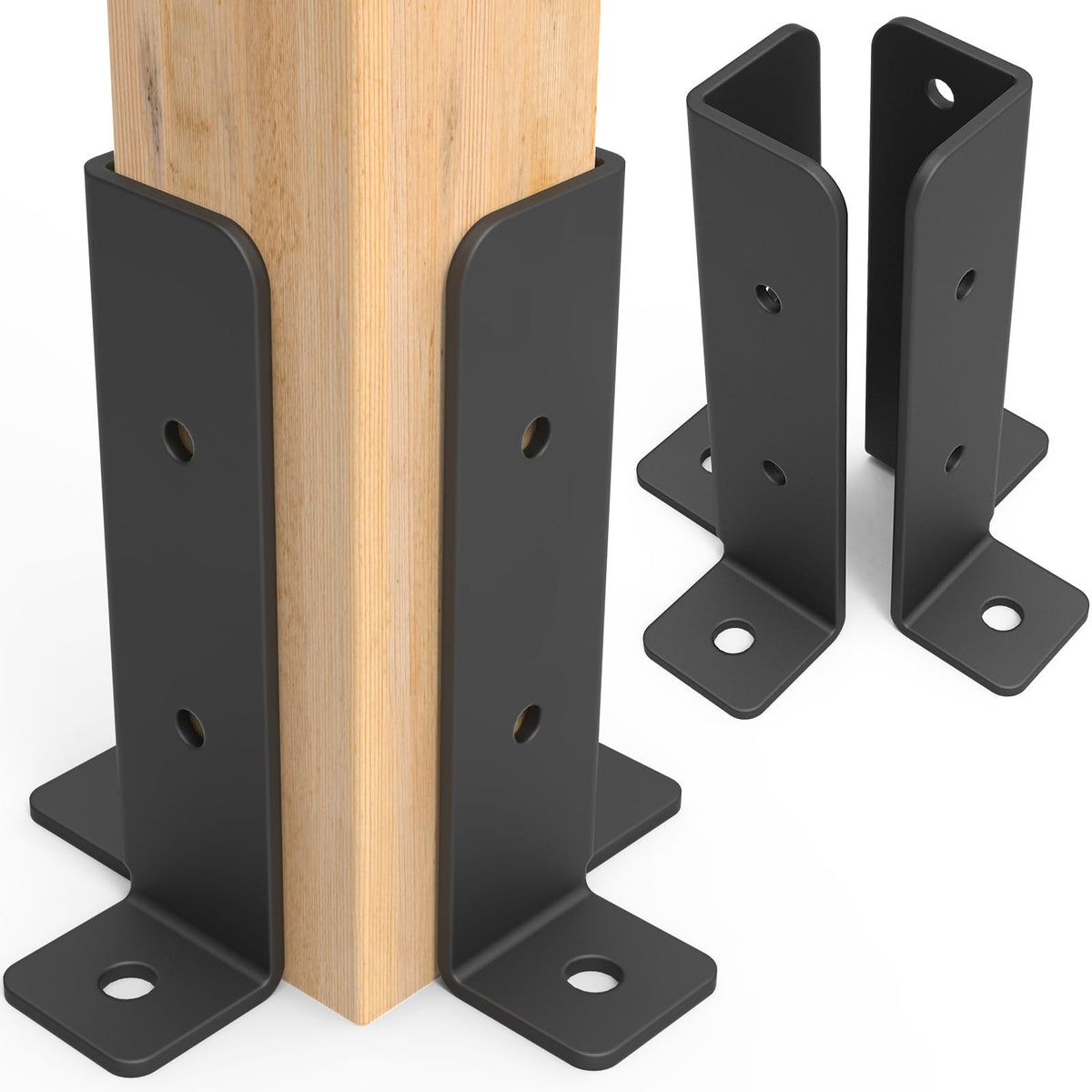 Linone adjustable deck post anchor bracket close-up with powder-coated steel finish for outdoor durability.