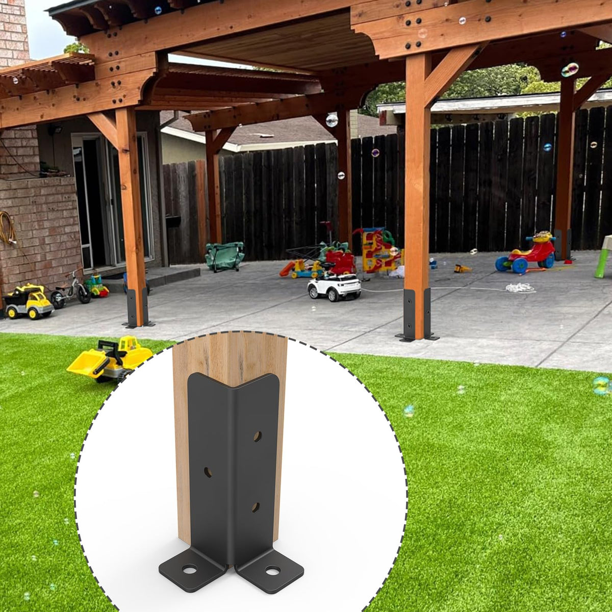 Linone wood post anchor brackets fixed to concrete ground for porch stability.