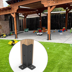Linone wood post anchor brackets fixed to concrete ground for porch stability.