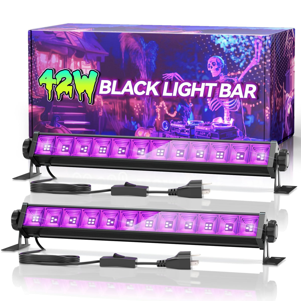 Linstaine 2-pack 42W blacklight bar front view powers vibrant fluorescents for decor