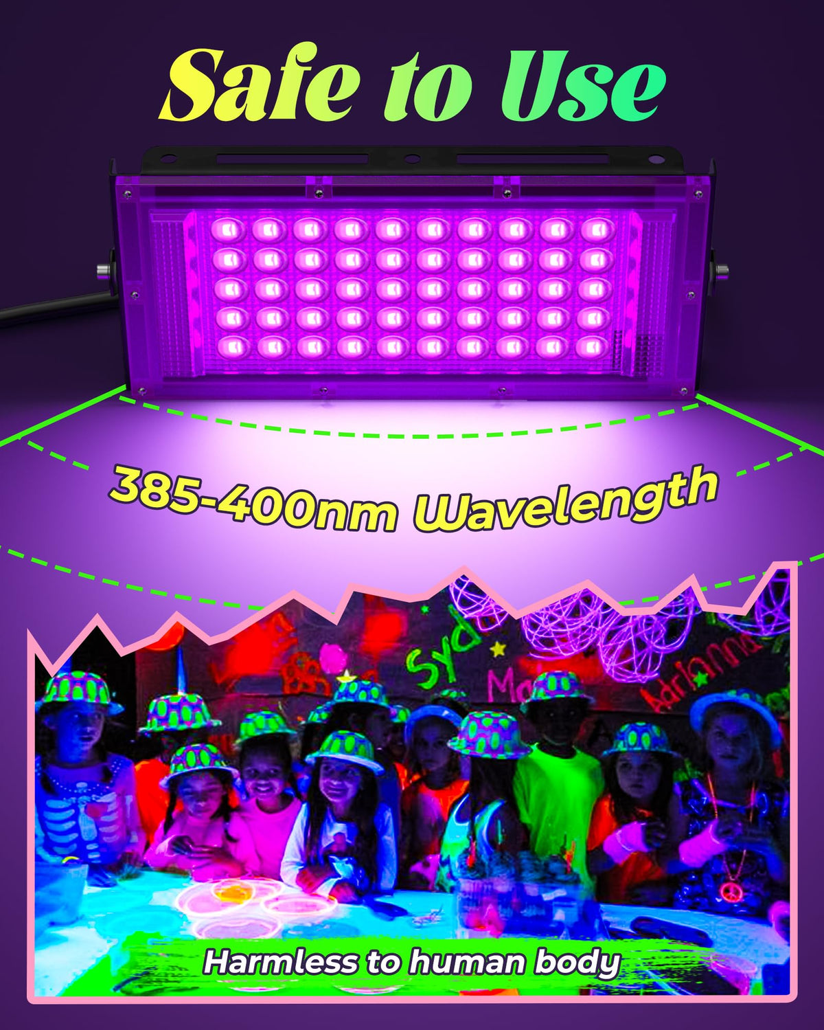 Linstaine 50W black light highlights a wide 120-degree beam for glow.