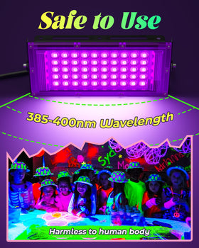 Linstaine 50W black light highlights a wide 120-degree beam for glow.