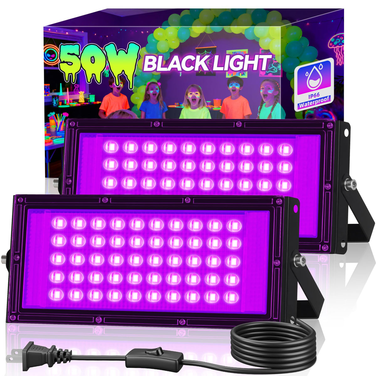 Linstaine 50W black light flood light outdoors boosts glowing party effects.