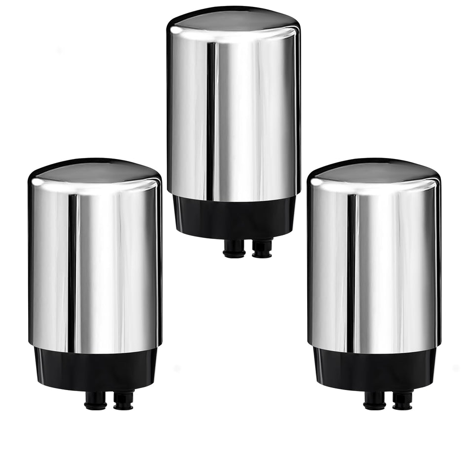 Linsuely FR-200/FF-100 3-pack front view; improves taste and clarity for tap water.