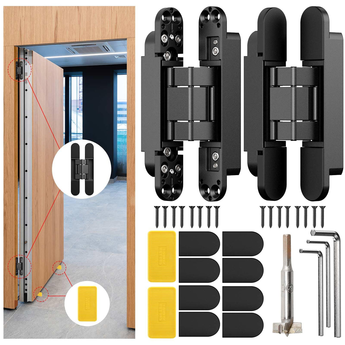 Lipshome hidden door hinge package shows concealed design for clean, seamless walls.