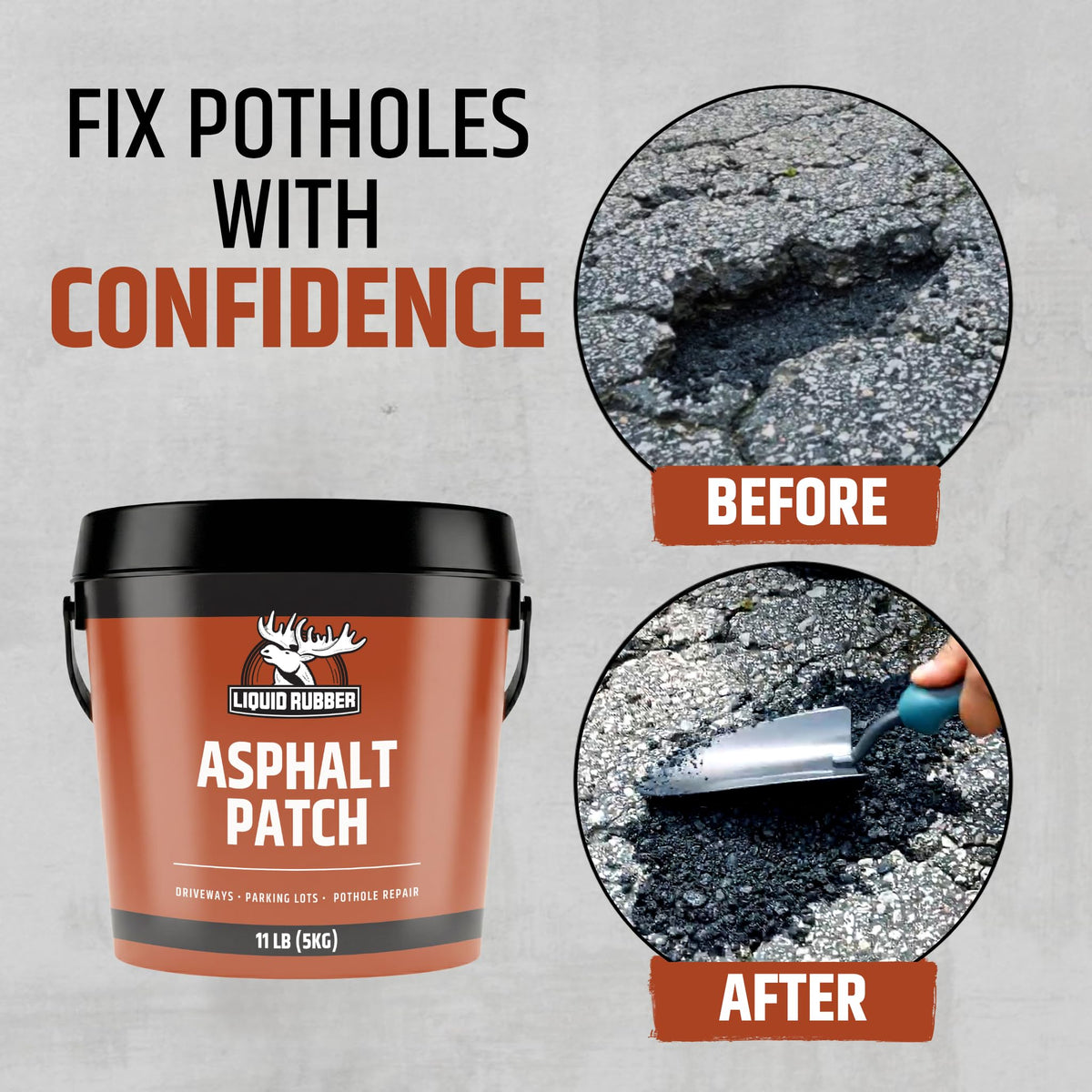 Liquid Rubber Asphalt Patch spread on a driveway for quick pothole repair.