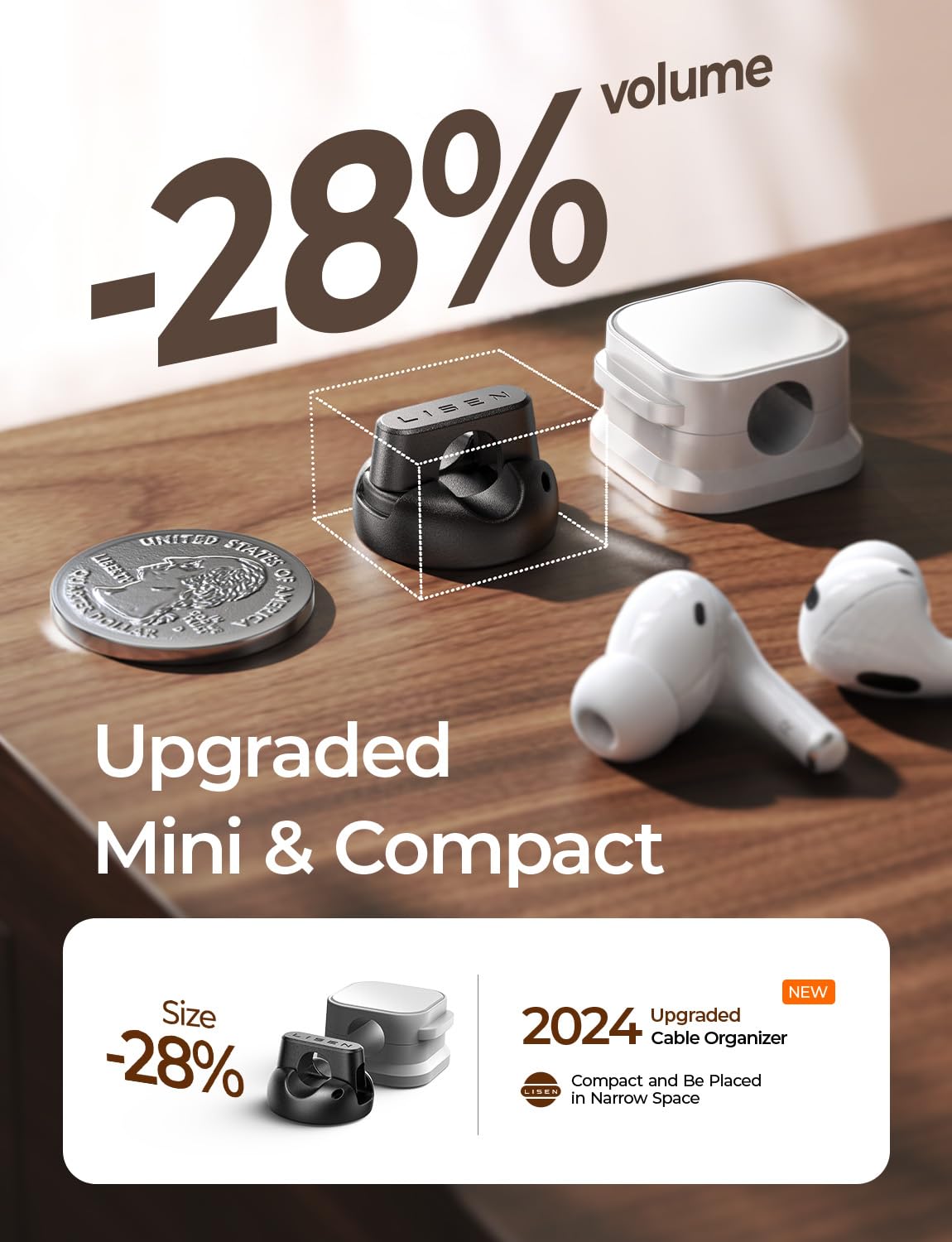 LISEN clip mounted on desk, nightstand, wall for organized cables