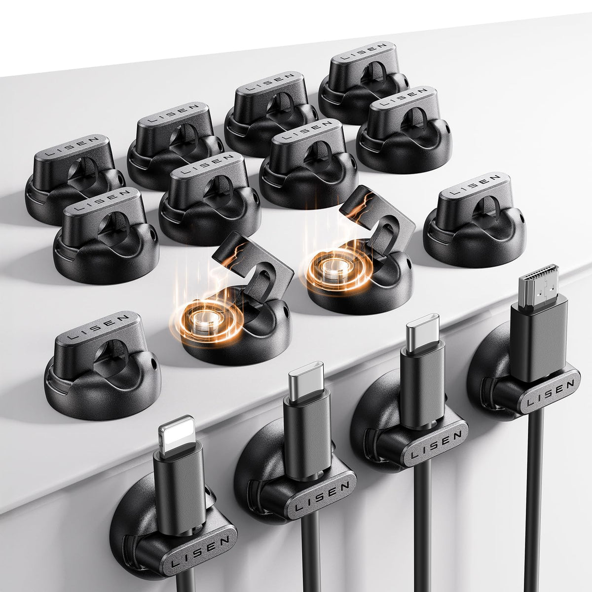 LISEN magnetic cable clip demonstrates easy one-handed access to cables