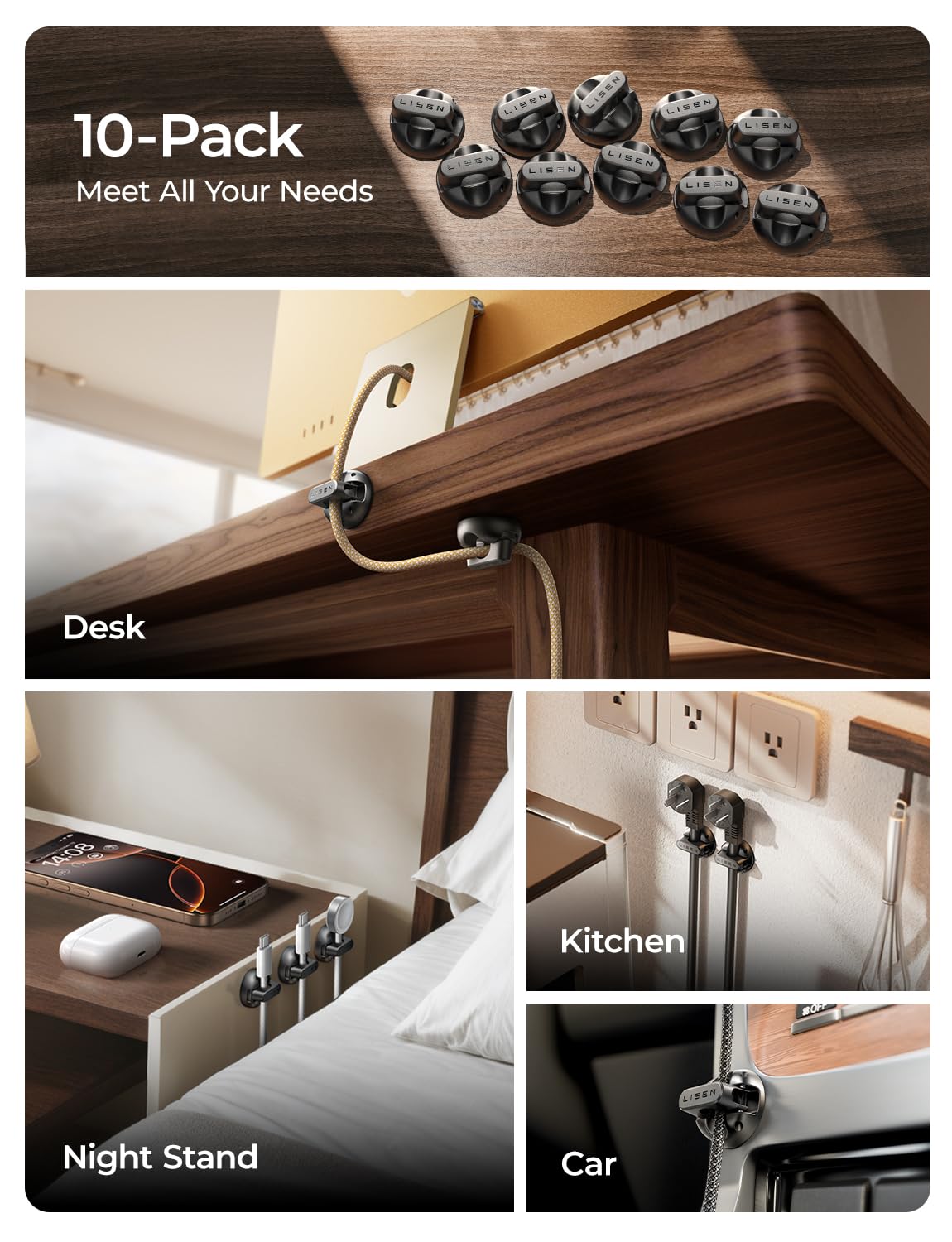 LISEN magnetic cable clip enables one-handed cable placement.
