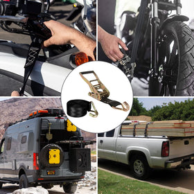 LISHINE straps securing motorcycles and kayaks on roof racks.