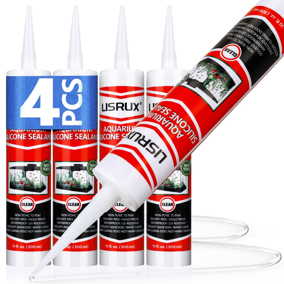 LISRUX aquarium silicone clear sealant 4-pack for fish-safe repairs on tank seams.