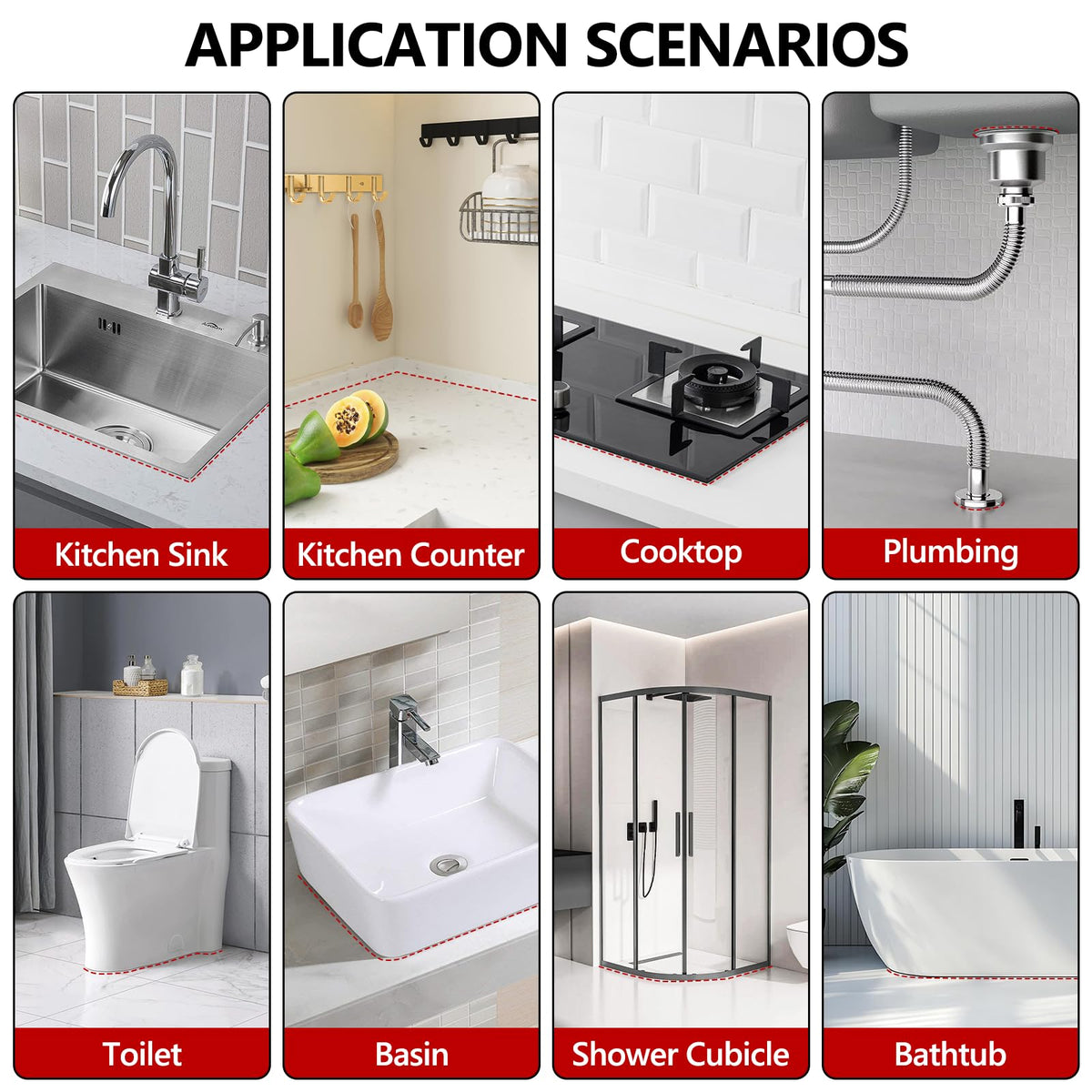 LISRUX use cases in kitchen and bathroom including tubs and sinks