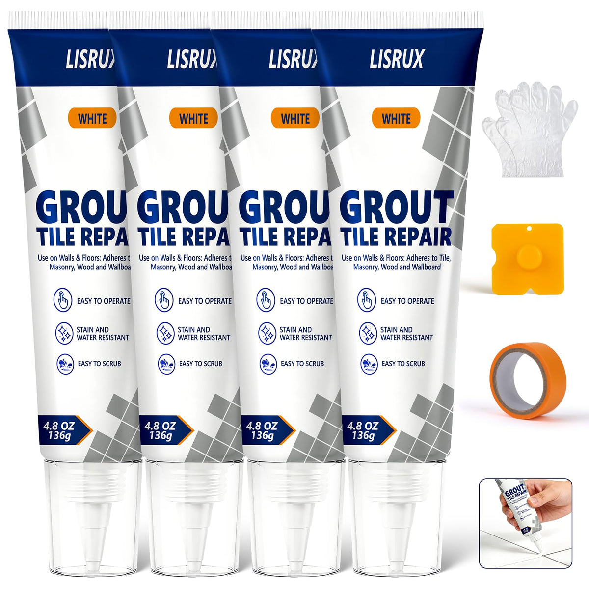 LISRUX tile grout repair kit 4-pack filling gaps for renewed tile look.