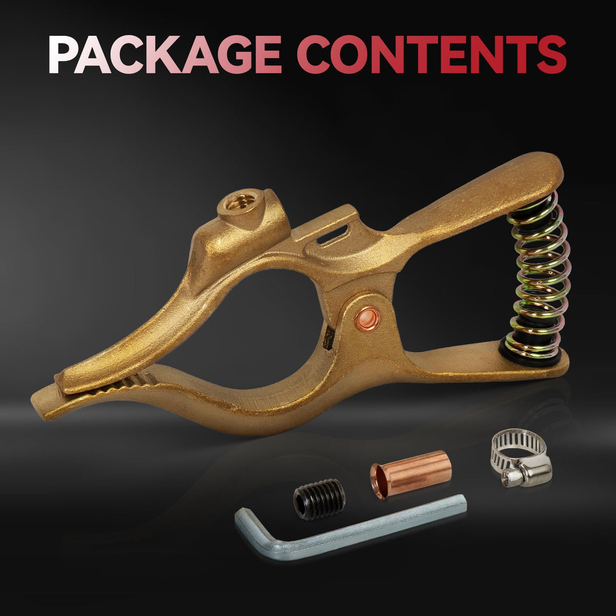 Package contents: clamp, hex screw, ferrule, hose clamp, Allen wrench