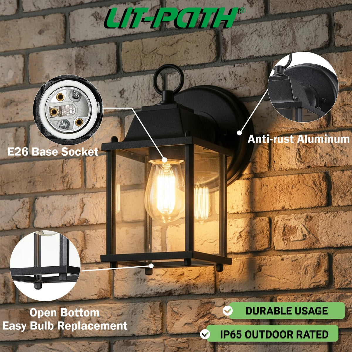 LIT-PaTH outdoor lantern side view showing glass panel and sleek black finish for curb appeal
