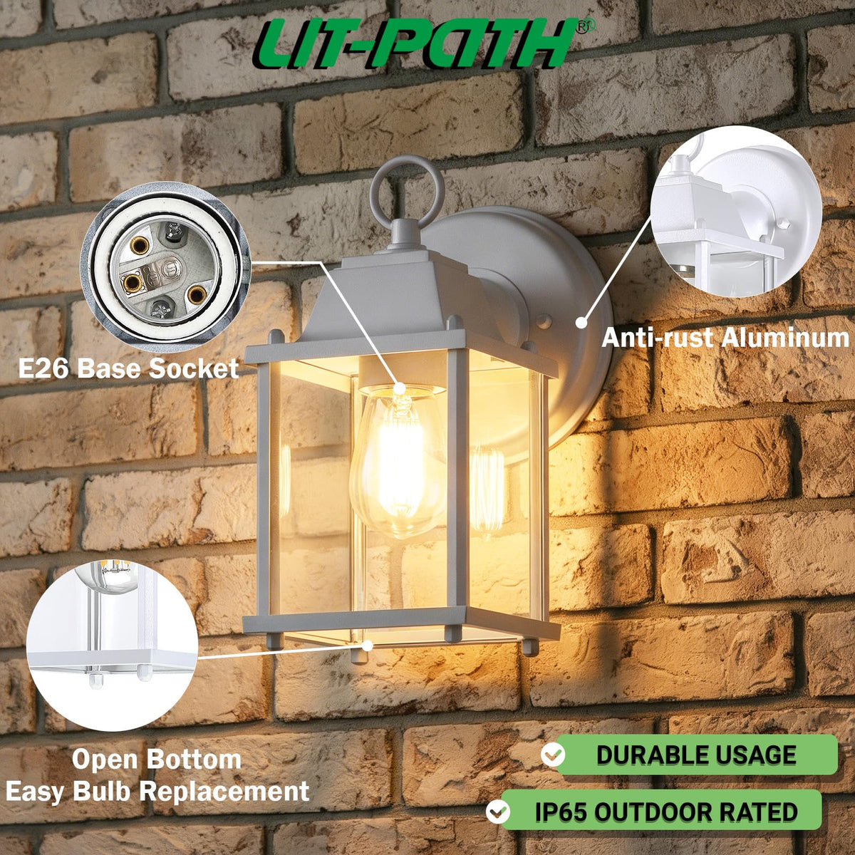 LIT-PaTH lantern side view shows aluminum housing for rust-free outdoor use.