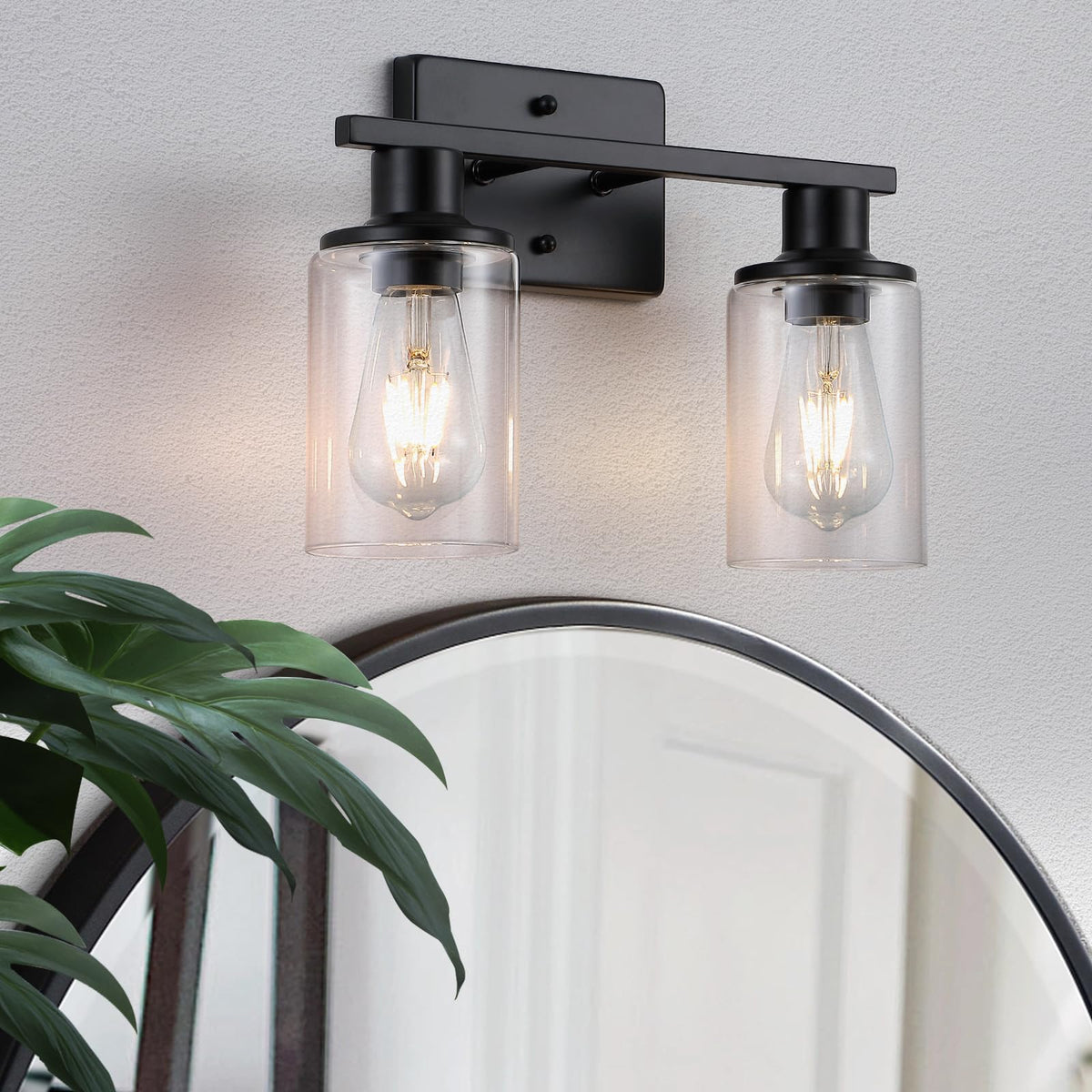 Litaddscen 2-Light matte black vanity light with clear glass shade for bathroom vanity illumination
