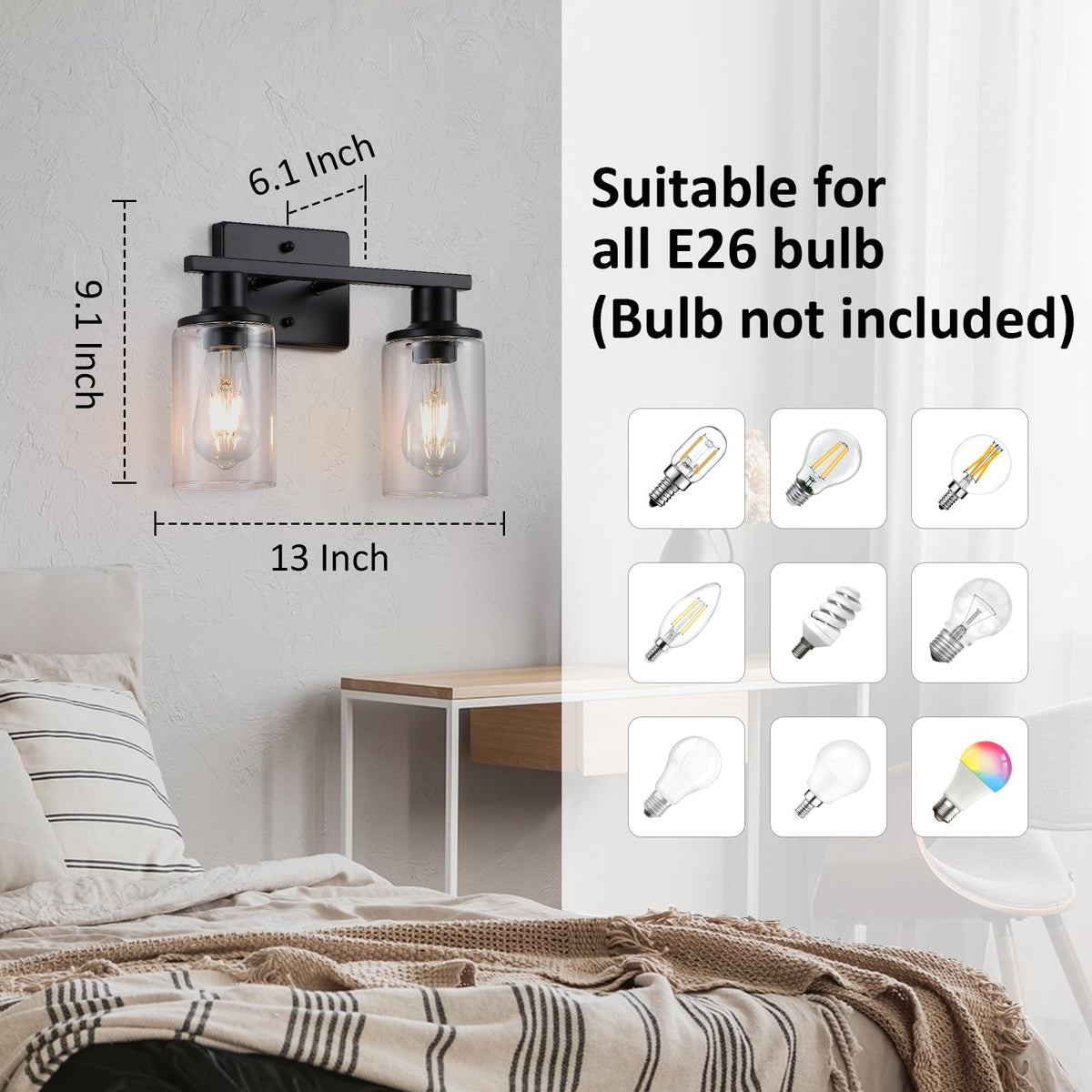 Litaddscen matte black vanity light with clear glass shades enhances mirror area in modern farmhouse decor