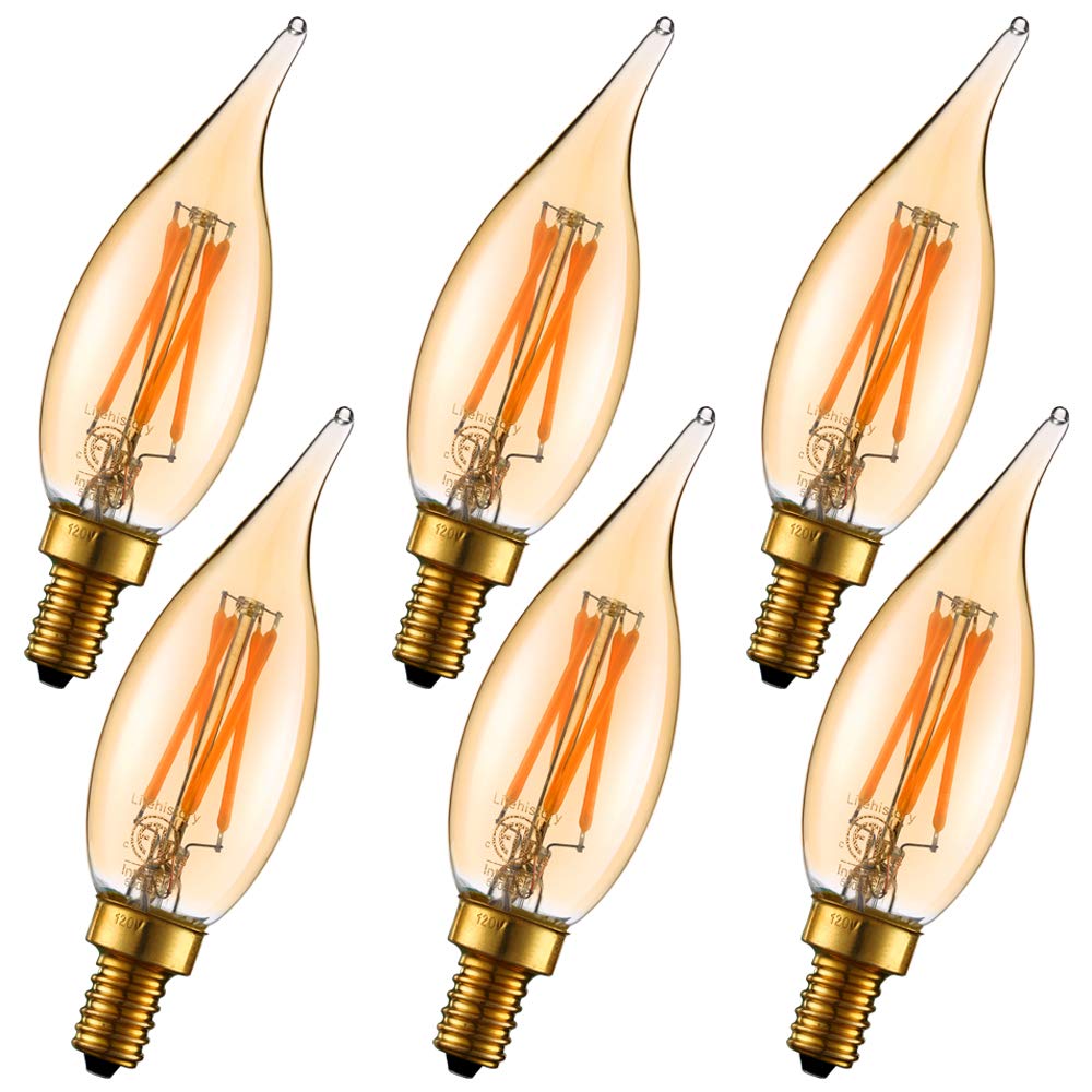 LiteHistory dimmable CA10 LED bulb in a chandelier creating warm amber ambiance