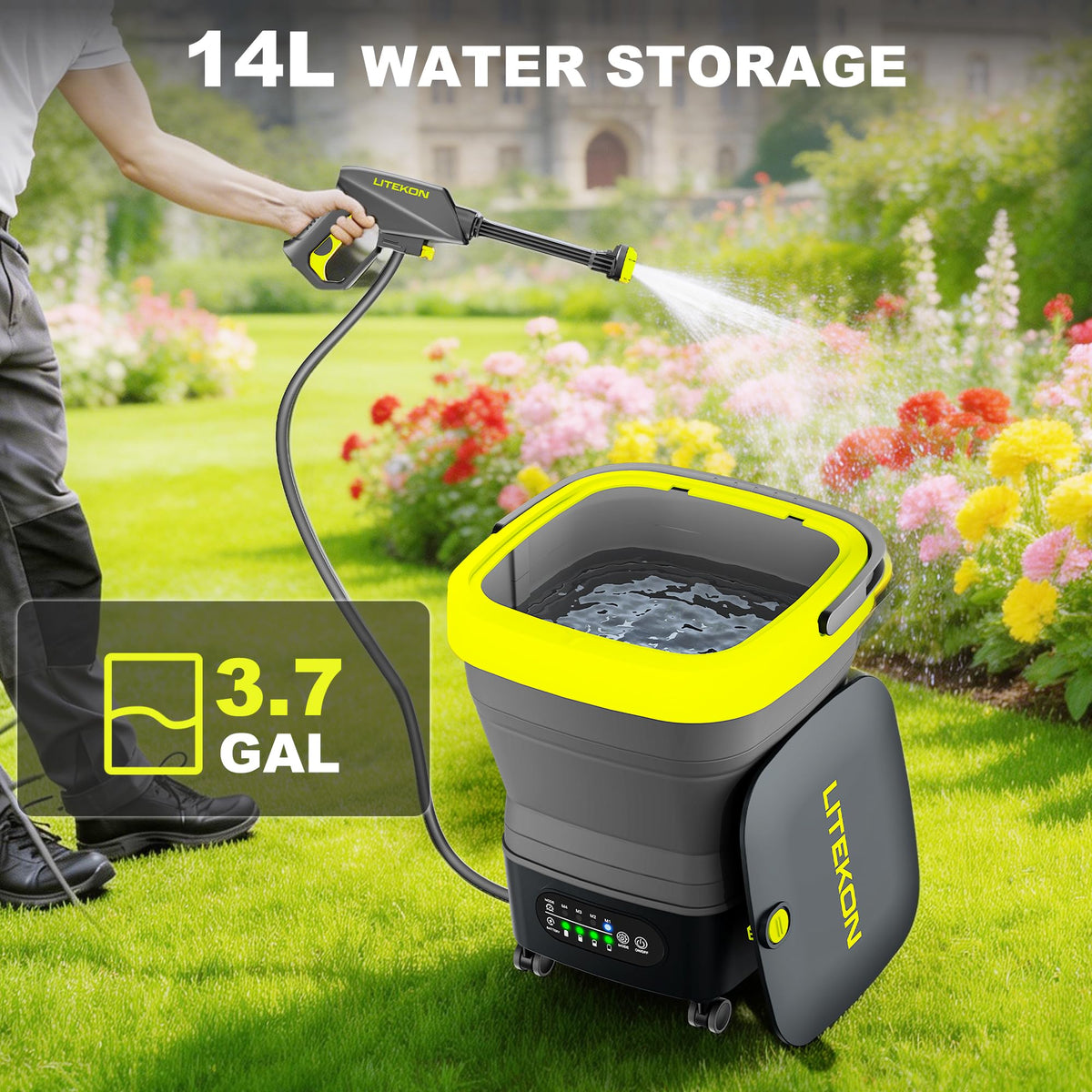 Litekon cordless washer dual 5000mAh batteries provide up to 90 minutes of cordless cleaning.
