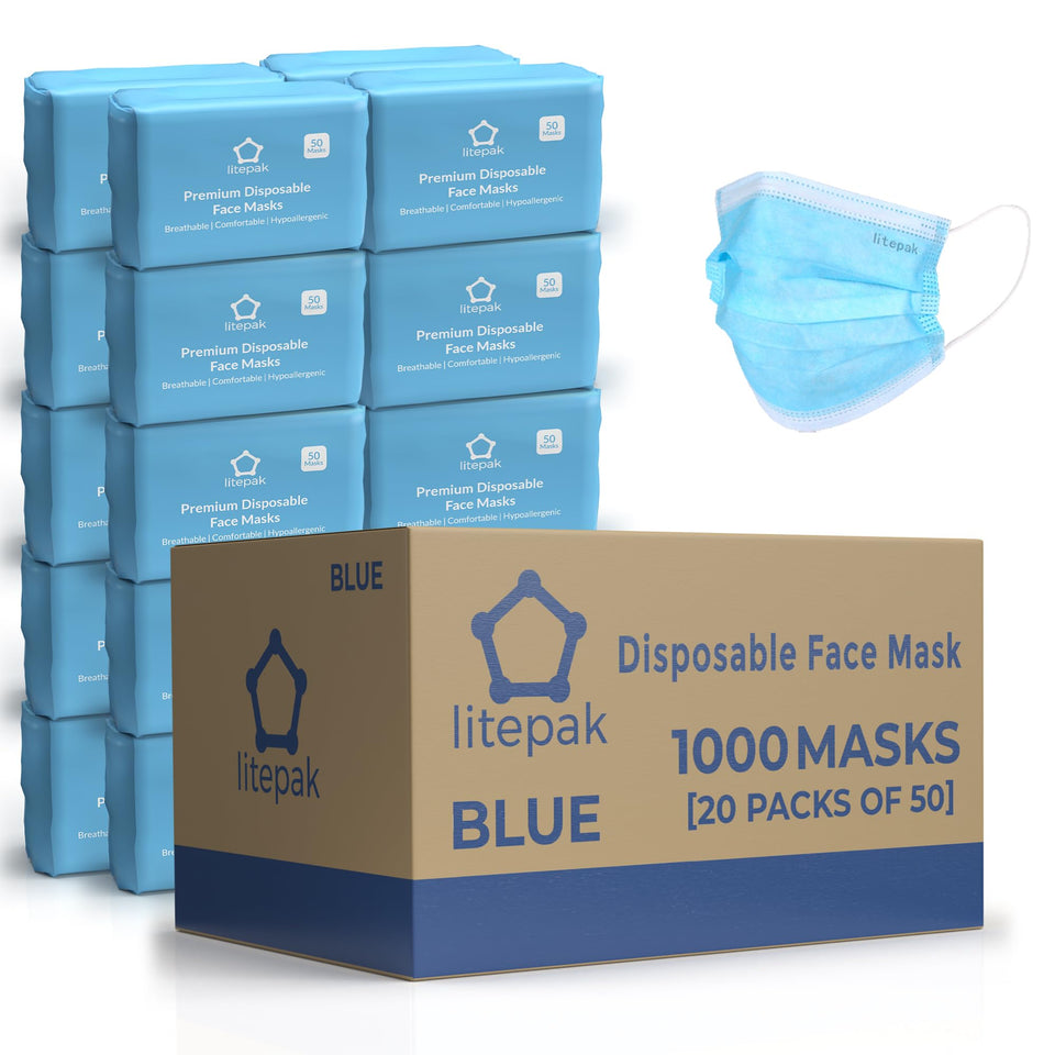 Litepak disposable masks 1,000-count blue pack on display for bulk home and office use.