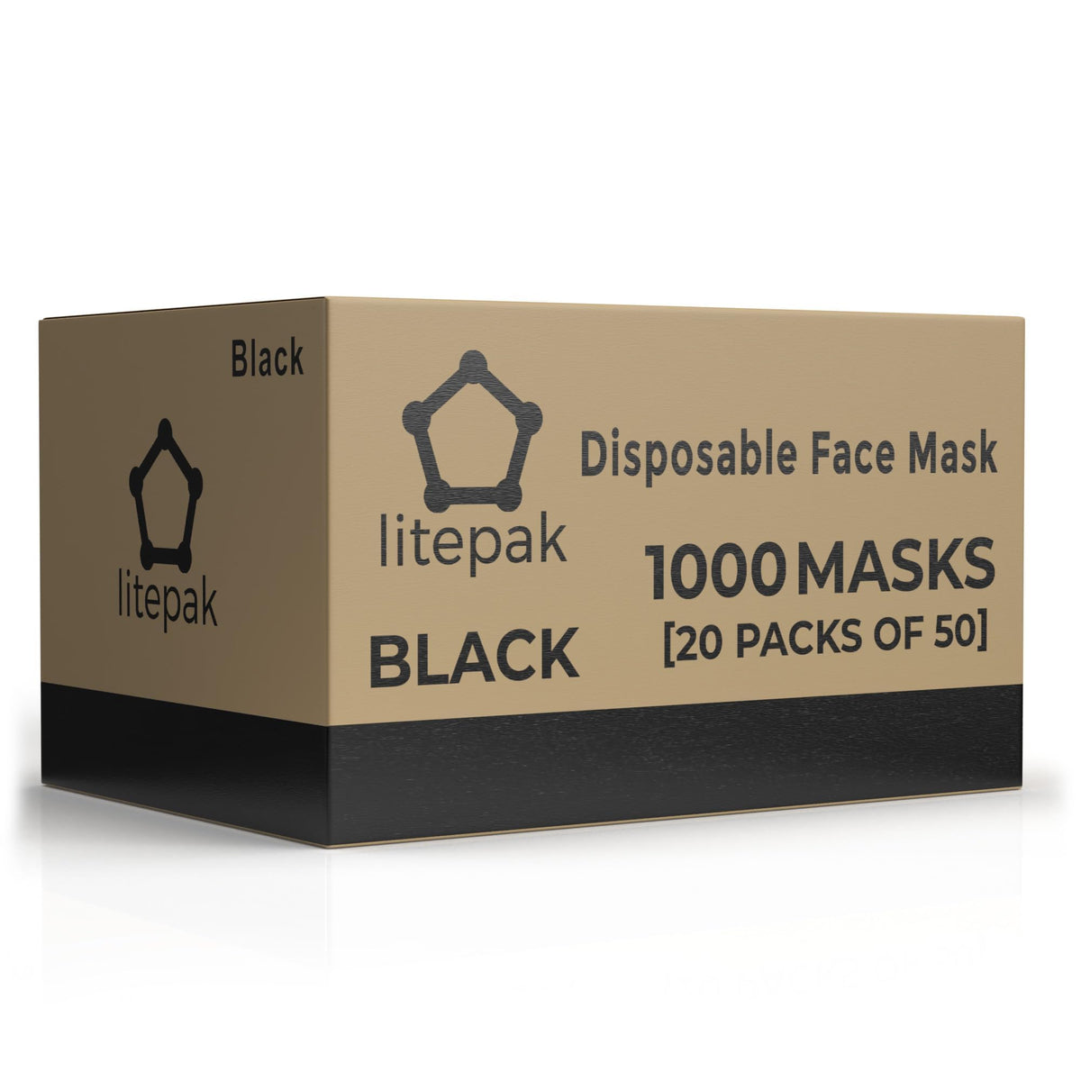 Litepak black mask close-up reveals soft inner fabric and sturdy ear loops.