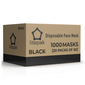 Litepak black mask close-up reveals soft inner fabric and sturdy ear loops.