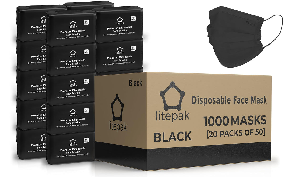Litepak disposable masks in black packaging, ideal for daily home or office use.