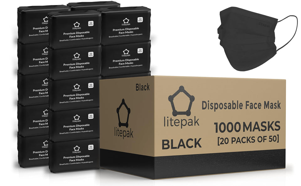 Litepak disposable masks in black packaging, ideal for daily home or office use.
