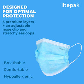 Litepak masks comfort-fit design with soft ear loops for extended wear.